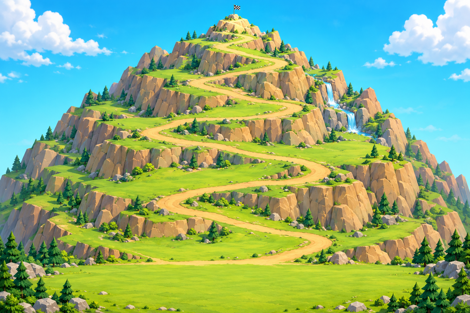 A bright mountain with winding trails rising from a grassy base camp to the summit